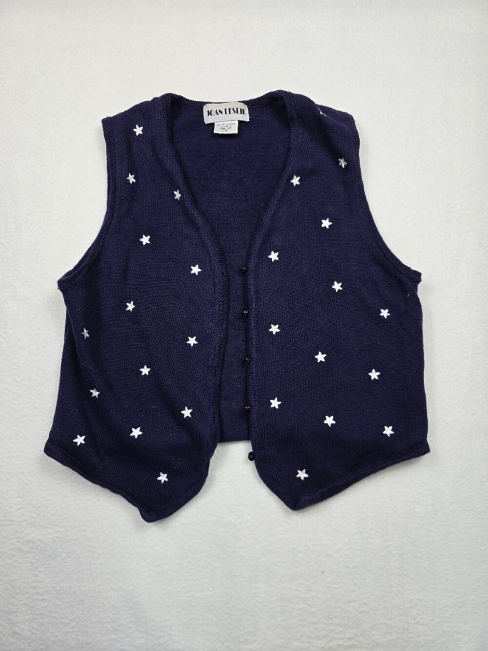 Vintage Patriotic Star Patterned Navy Knit Vest Joan Leslie Button Womens Medium